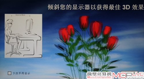 安装完成并运行软件，会出现设置画面(针对不同品牌的TriDef 3D在该界面上可能略有不同)。戴上偏光眼镜不出意外就能看到画面的3D效果了。