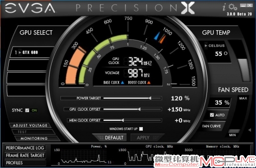 EVGA的PrecisionX软件。它是目前好用的GPU Boost功能软件。在这里强调一点GPUBoost并不是单纯的超频。GPU Boost的原理是利用热设计功耗限制，动态调节频率来解决GPU内部运算单元复用率不足的矛盾。